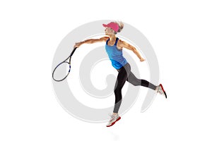 Young sportive woman, tennis player playing tennis isolated on white background. Healthy lifestyle, fitness, sport