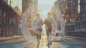 young sports couple are running in the city on the morning, morning run scene, sports lifestile