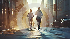 young sports couple are running in the city on the morning, morning run scene, sports lifestile