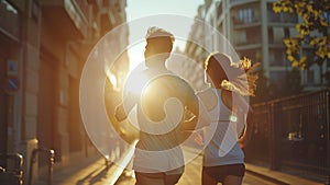 young sports couple are running in the city on the morning, morning run scene, sports lifestile