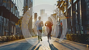 young sports couple are running in the city on the morning, morning run scene, sports lifestile