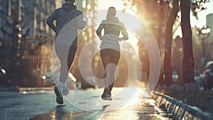 young sports couple are running in the city on the morning, morning run scene, sports lifestile