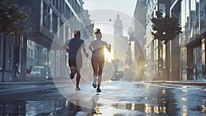 young sports couple are running in the city on the morning, morning run scene, sports lifestile