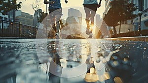 young sports couple are running in the city on the morning, morning run scene, sports lifestile