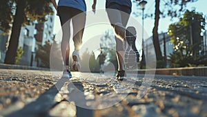 young sports couple are running in the city on the morning, morning run scene, sports lifestile