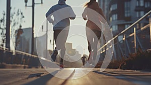 young sports couple are running in the city on the morning, morning run scene, sports lifestile