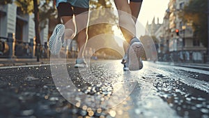 young sports couple are running in the city on the morning, morning run scene, sports lifestile