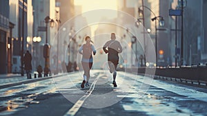 young sports couple are running in the city on the morning, morning run scene, sports lifestile