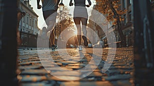 young sports couple are running in the city on the morning, morning run scene, sports lifestile