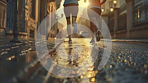 young sports couple are running in the city on the morning, morning run scene, sports lifestile