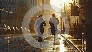 young sports couple are running in the city on the morning, morning run scene, sports lifestile