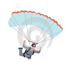 Young sportsman cartoon character enjoying skydiving extreme sports hobby vector illustration