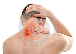 Young Sportsman with Pain in Neck isolated on white