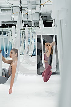 young sportswomen practicing aerial yoga in