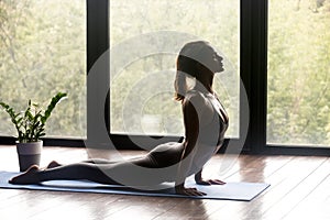 Young sporty woman doing upward facing dog exercise