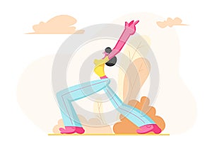 Young Sporty Woman with Slim Figure Wearing Sports Wear Training Outdoors, Female Character Doing Lunge with Hands Rising Up