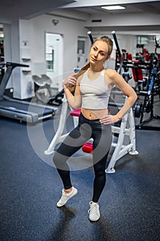 Young sporty woman wearing sportswear posing before doing exercise with fitness equipment at gym, she exercise for
