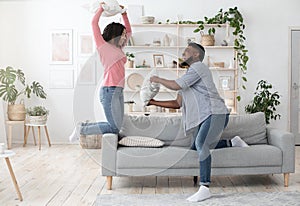 Young Spouses Leisure. Playful Black Couple Having Pillowfight In Living Room