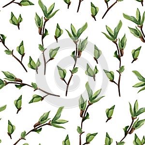 Young spring tree branches watercolor seamless pattern