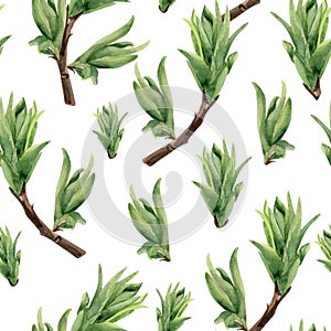 Young spring twigs with buds watercolor seamless pattern