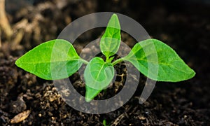 Young sprout new green pepper plant at soil, plant leaves against a black earth background, seedlings, close-up