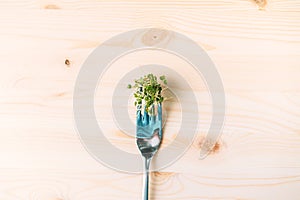 Young sprouts of microgreens on fork on wooden table