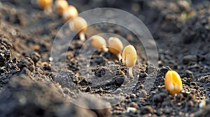 Young sprouts of wheat on the ground in the garden. Macro
