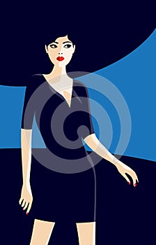 Young standing model woman with red lipstick and blue background vector illustration poster