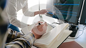 Young startup Programmers Sitting At Desks Working On Computers screen for Developing programming and coding to find solution to