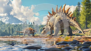 A young stegosaurus cautiously dips its toes in the water while its mother looks on and encourages it to play