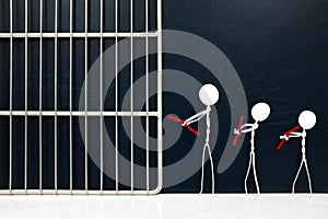 Young stick man figure handcuffed tied with red rope going to a jail prison in dark background. Lowering age for criminal.