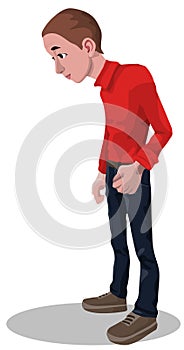 Young stooping man wearing red pullover isolated on white background. Humpbacked boy has problems with his back and spin