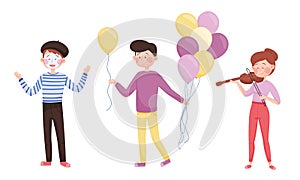 Young Street Performers with Girl Playing Violin and Boy Miming Vector Set