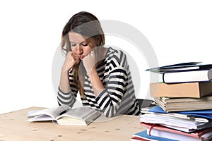 Young stressed student girl studying and preparing MBA test exam in stress tired and overwhelmed