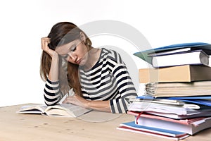 Young stressed student girl studying and preparing MBA test exam in stress tired and overwhelmed