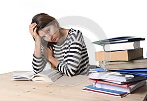 Young stressed student girl studying and preparing MBA test exam in stress tired and overwhelmed