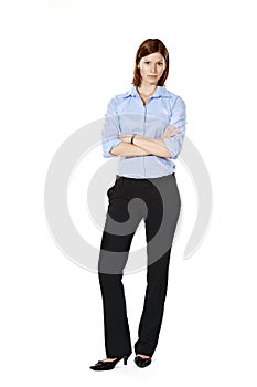 Young strict businesswoman in a defensive position