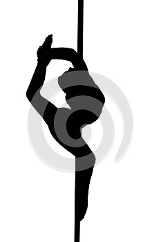 Young stripper girl hanging in a dancing pole and bending her leg black illustration isolated on a white background