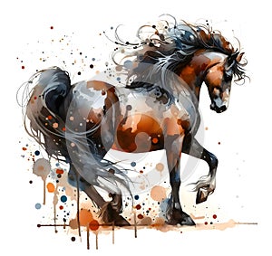 A young, strong brown stallion. Horse. The mane and tail develop beautifully. Watercolor paint. Banner. Close-up