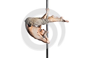 Young strong pole dance man isolated