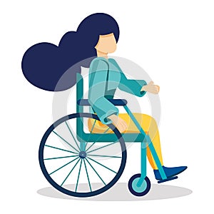 Young strong woman sits in wheelchair. Invalid girl living with disability, equal opportunities concept  Cartoon 