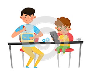 Young Student Boy Sitting with Kid at Table and Repairing Robot with Fixing Tools Vector Illustration