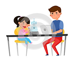 Young Student Boy Sitting with Kid at Table and Repairing Robot with Fixing Tools Vector Illustration