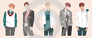 Young student of college or school set. Collection of boys in uniform. Concept banner for unisexual educational