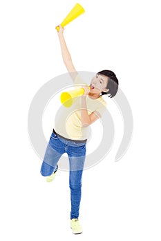 Young student girl holding megaphone over white background