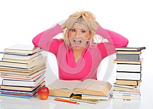 Young student girl with lots of books in panic