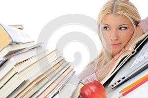 Young student girl with lots of books in panic