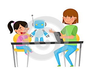 Young Student Girl Sitting with Kid at Table and Controlling Robot with Tablet Vector Illustration