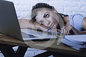 young student girl studying tired at home laptop computer prepar