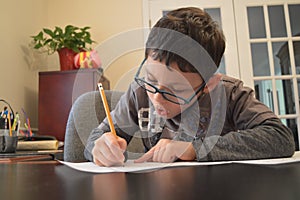 Young Student in Glasses Doing Homework